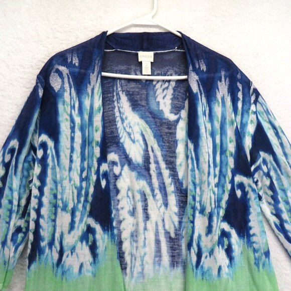 Chicos Jacket Large Blue Green Open Front Boho Lace Trim Lightweight Kimono - Picture 2 of 10